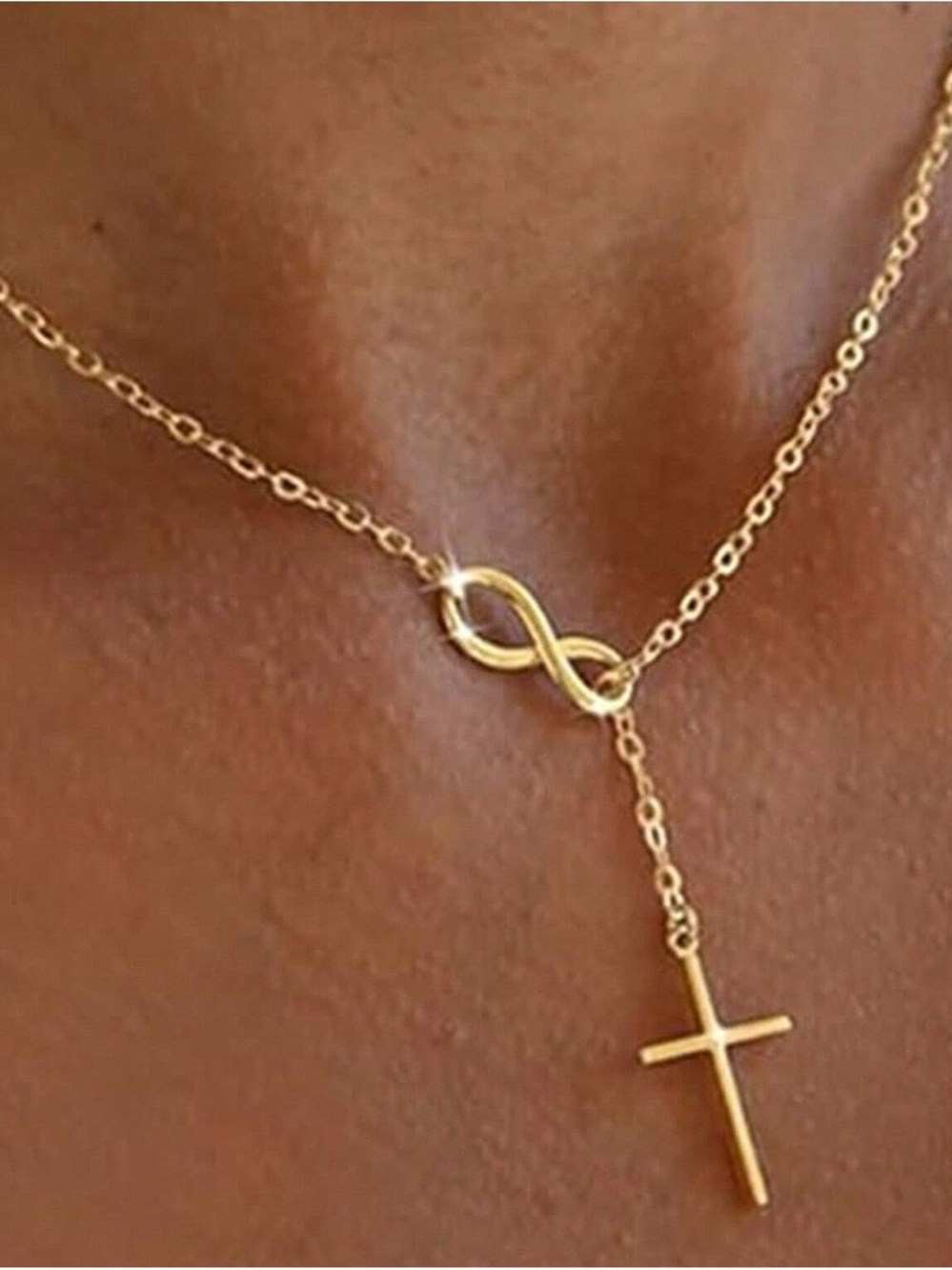 Gold Infinity Lariat Necklace with Cross Pendant - Women Jewelry